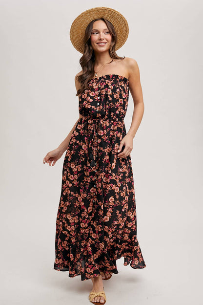 Pink Strapless Floral Maxi Dress