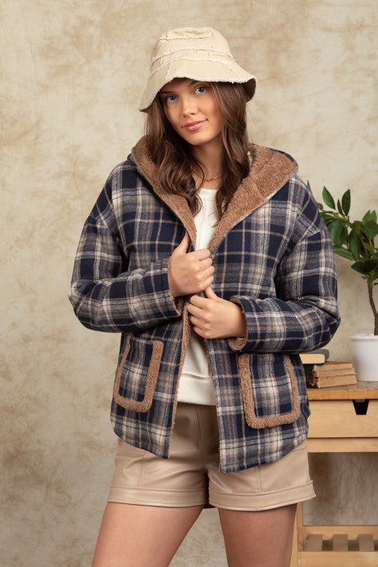 Flannel Hooded Reversible Fur Jacket