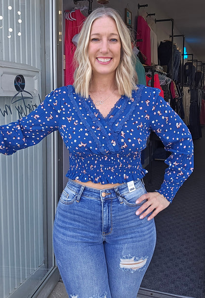 Floral Lace Smocked Waist Blouse