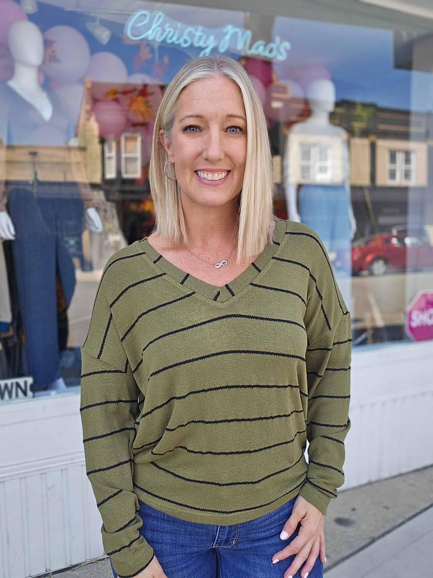 Stripe V-Neck Long Sleeve Knit Top