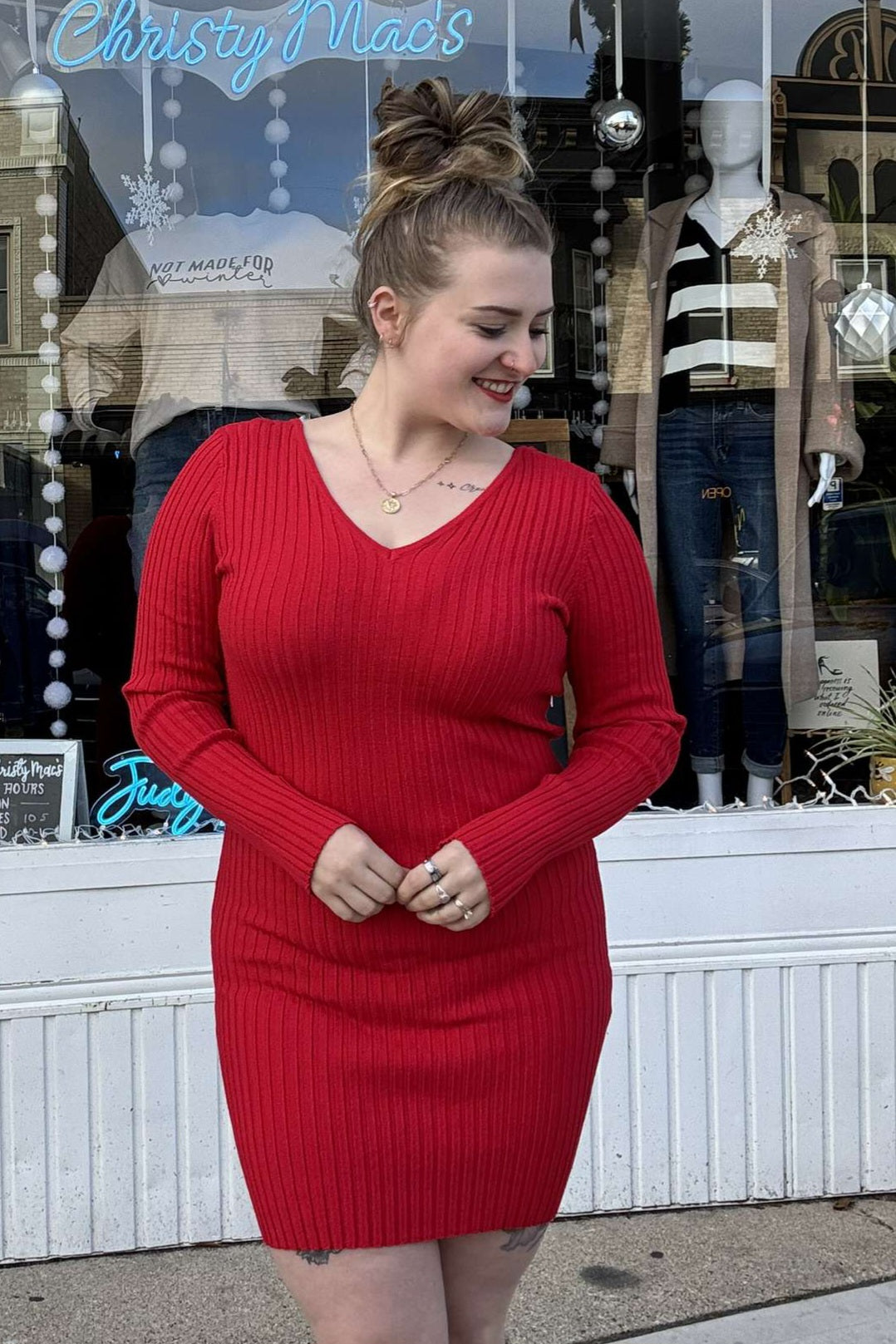 Long Sleeve V-neck Sweater Dress