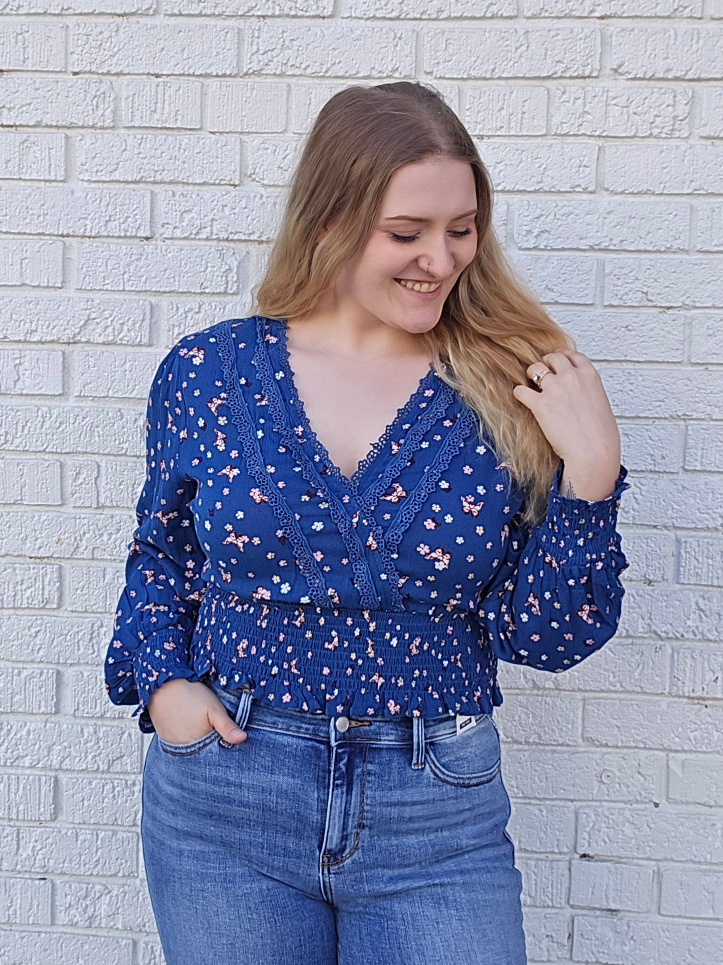 Floral Lace Smocked Waist Blouse