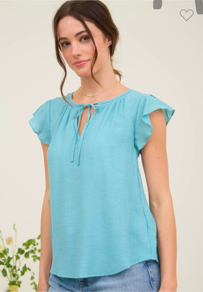 Lace Trim Front Tie Ruffle Top