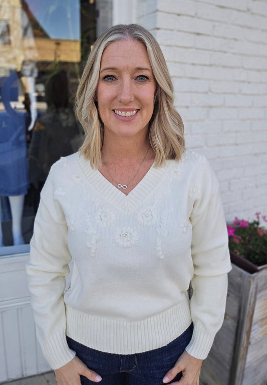 Floral Pearl Embellished V-Neck Sweater