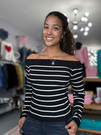 Stripe Off The Shoulder Long Sleeve Top