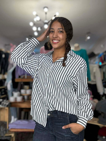 Black White Striped Long Sleeve Shirt