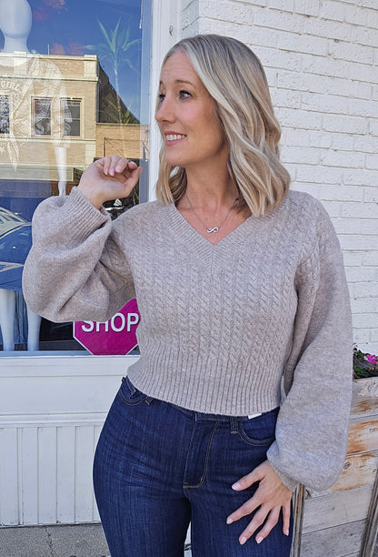 Cropped V-Neck Cable Knit Sweater