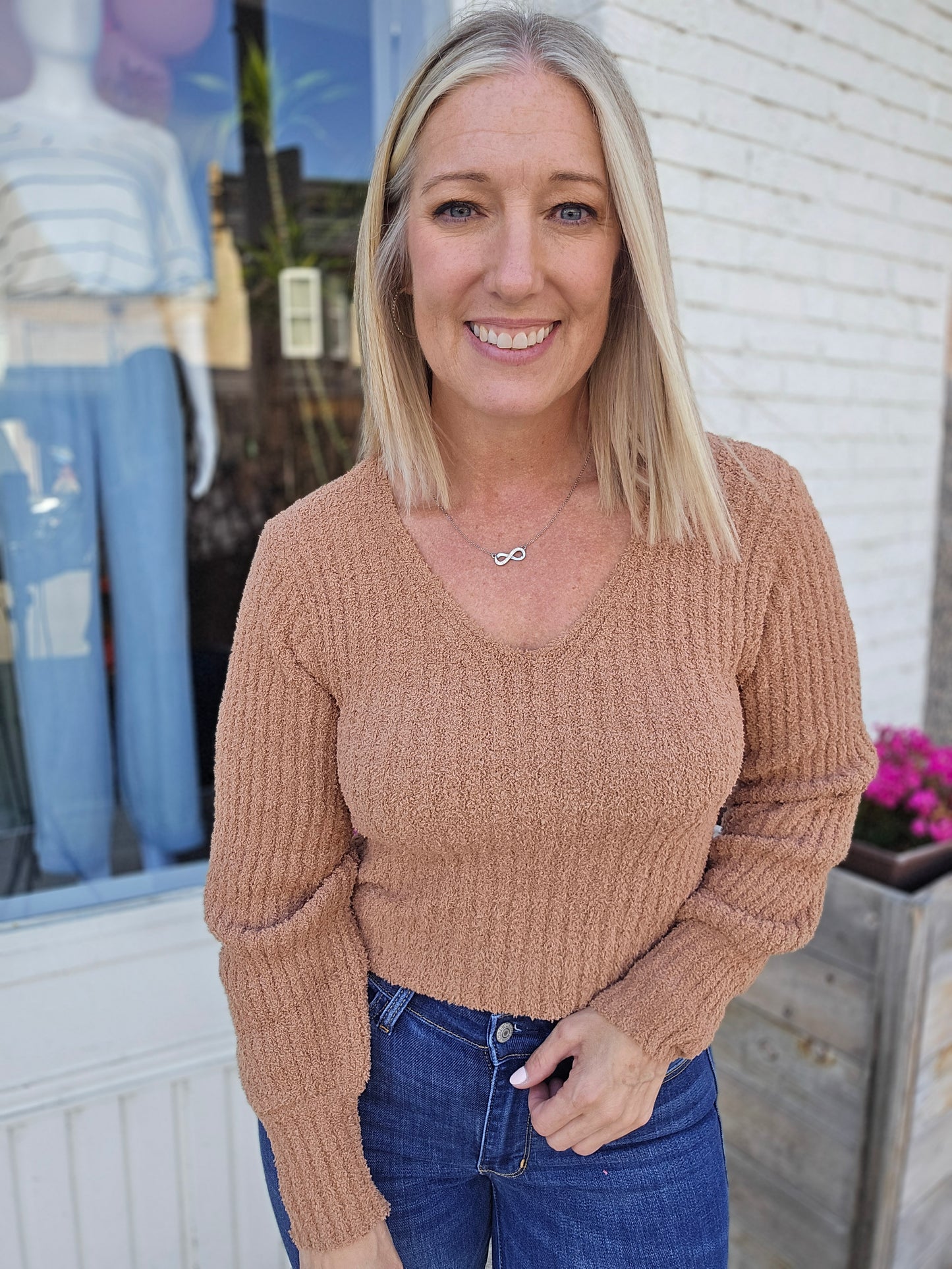 Long Puff Sleeve V-neck Rib Sweater Top