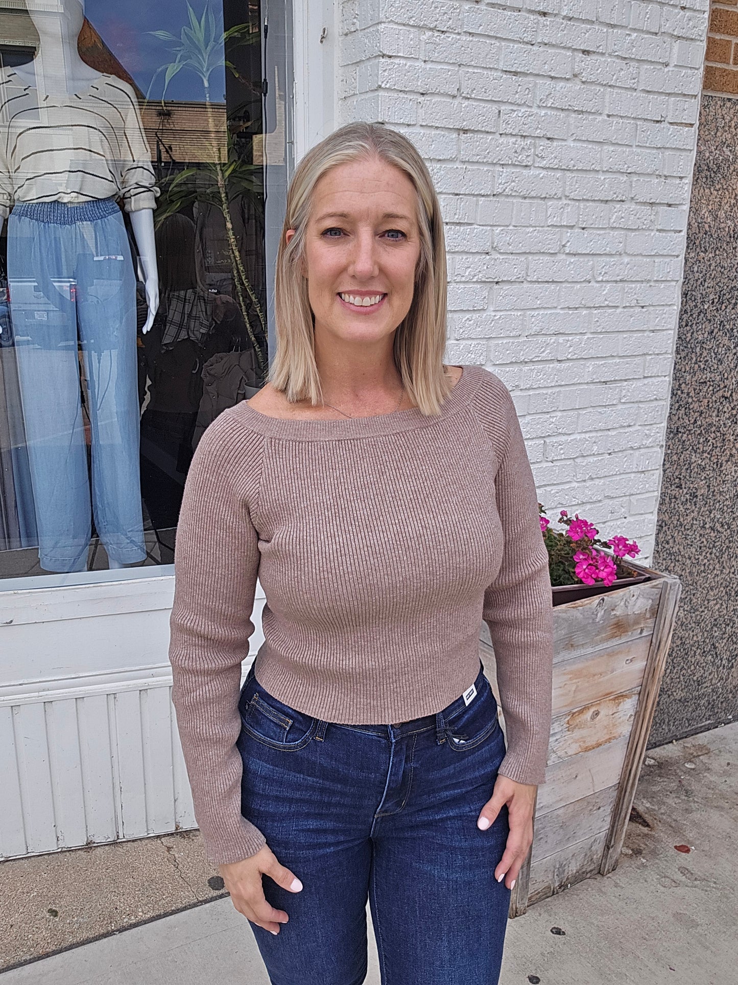 Off The Shoulder Long Sleeve Ribbed Knit Top