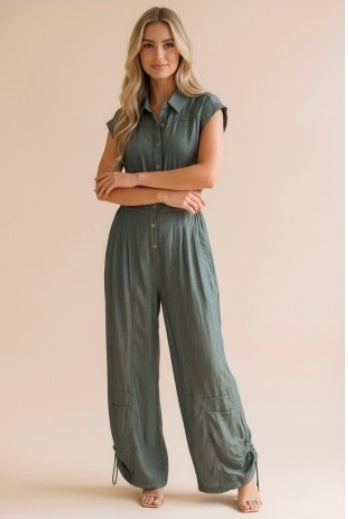 Button Down Straight Leg Modern Jumpsuit
