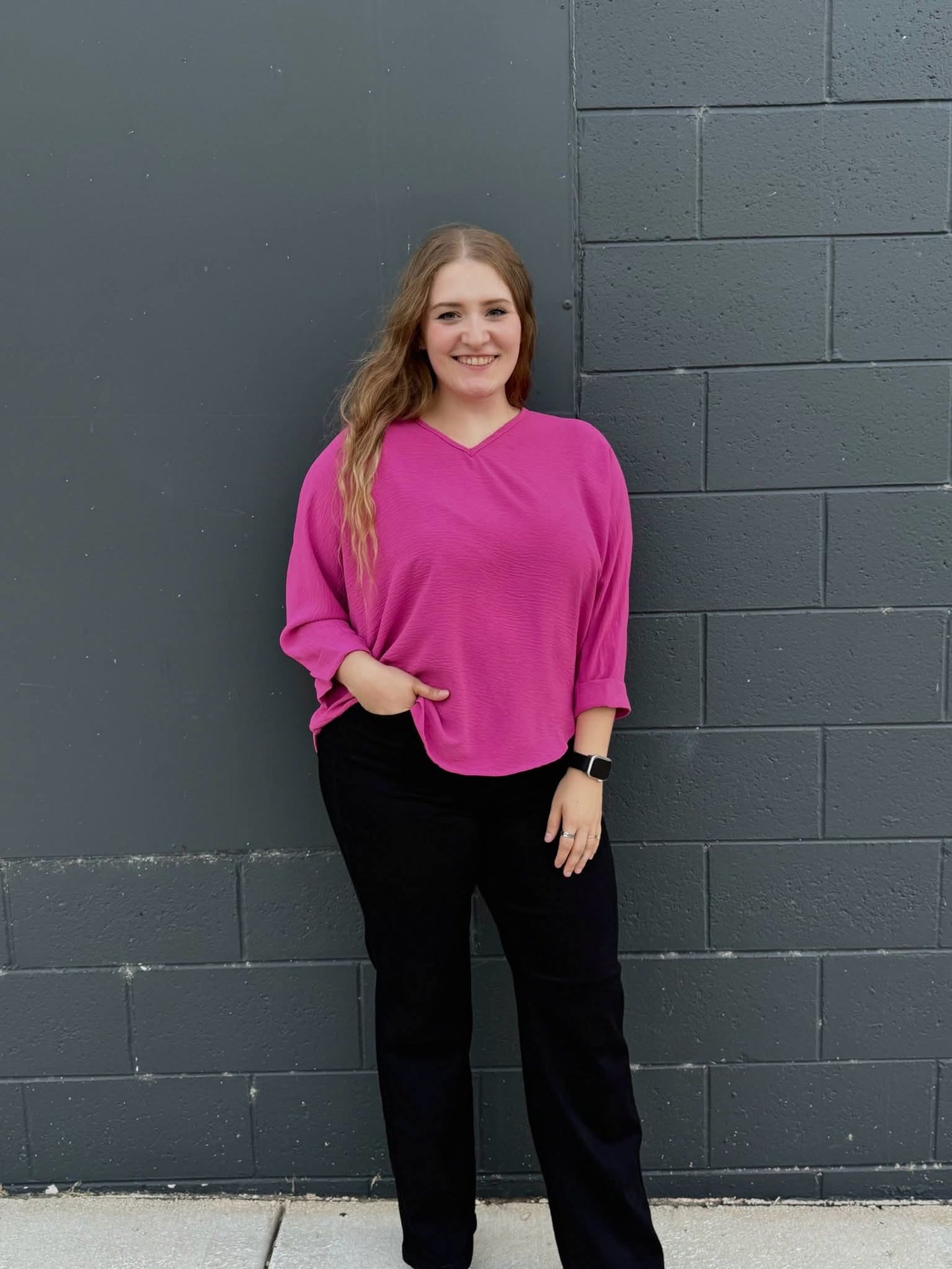 3/4 Sleeve Magenta V-Neck Top