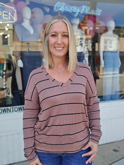 Stripe V-Neck Long Sleeve Knit Top