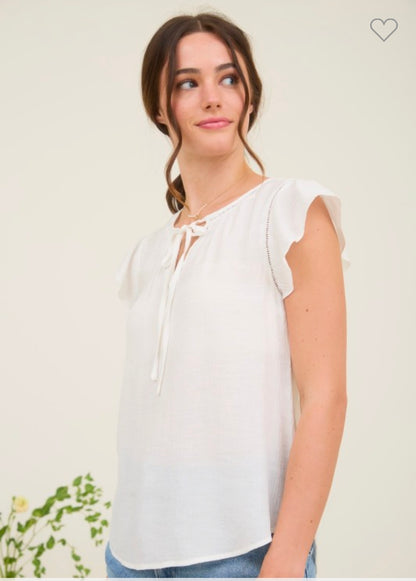 Lace Trim Front Tie Ruffle Top