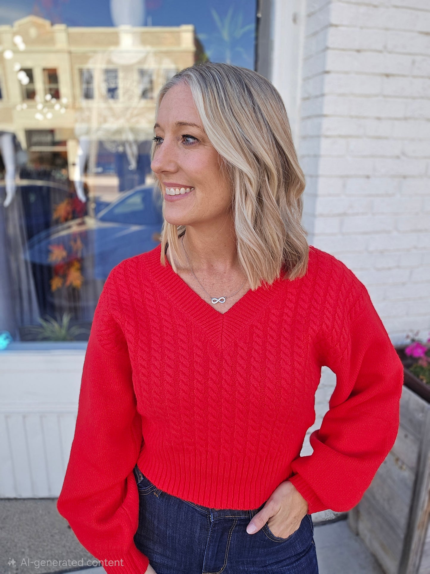 Cropped V-Neck Cable Knit Sweater